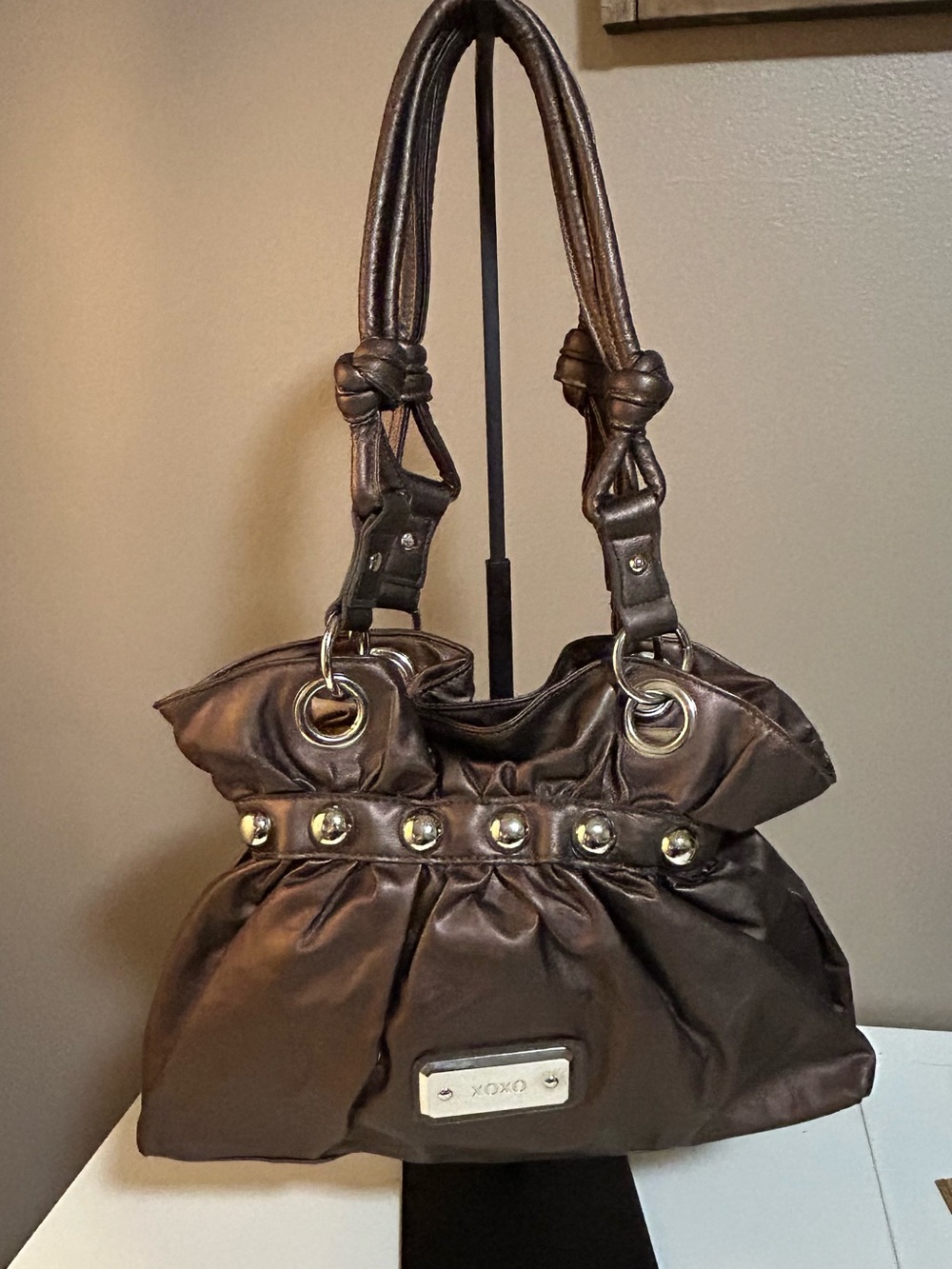 Vintage XOXO Bronze Metallic Shoulder Bag Y2K cinched top faux leather